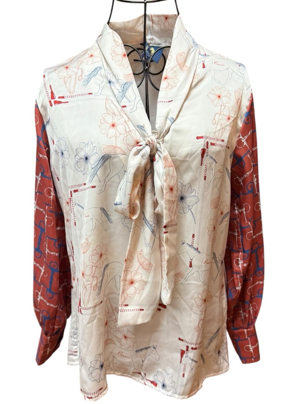 Ronner Tie-Neck Mixed Print Blouse in Cream Rust Equestrian Small